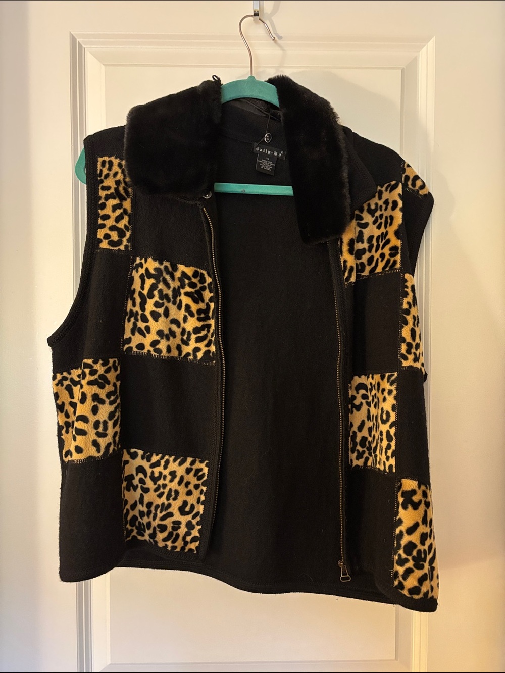 Black vest with Faux Fur Collar and Leopard Panels